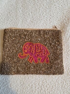 Moyna Beaded Elephant Pouch in Pink & Gold